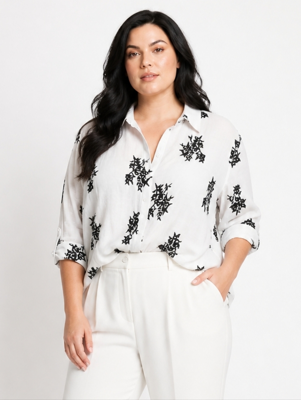 AB Studio Black White Floral Roll Tab Blouse Plus Size 3X